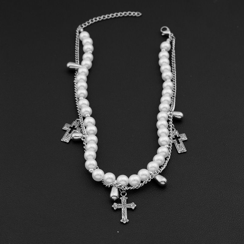 Kreuz Barock Choker Schlüsselbein Kette Unregelmäßige Perle Mehrschichtige Runde Perlenkette_voghion.com