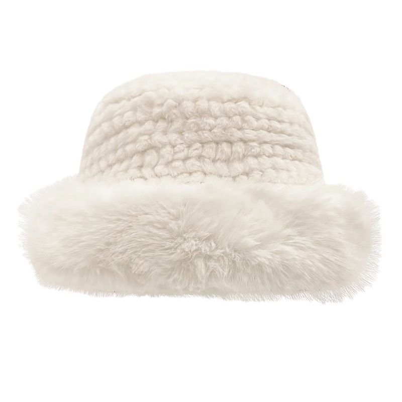 White plush hat for women in winter, Korean version, showing small face, thickened warmth, fisherman's big head, cold_voghion.com