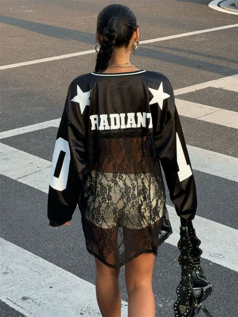 Damenbekleidung Sommer Neue Damenbekleidung Persönlichkeit Trendy Style Bedruckte Spitze Durchsichtiges Sweatshirt mit V-Ausschnitt_voghion.com