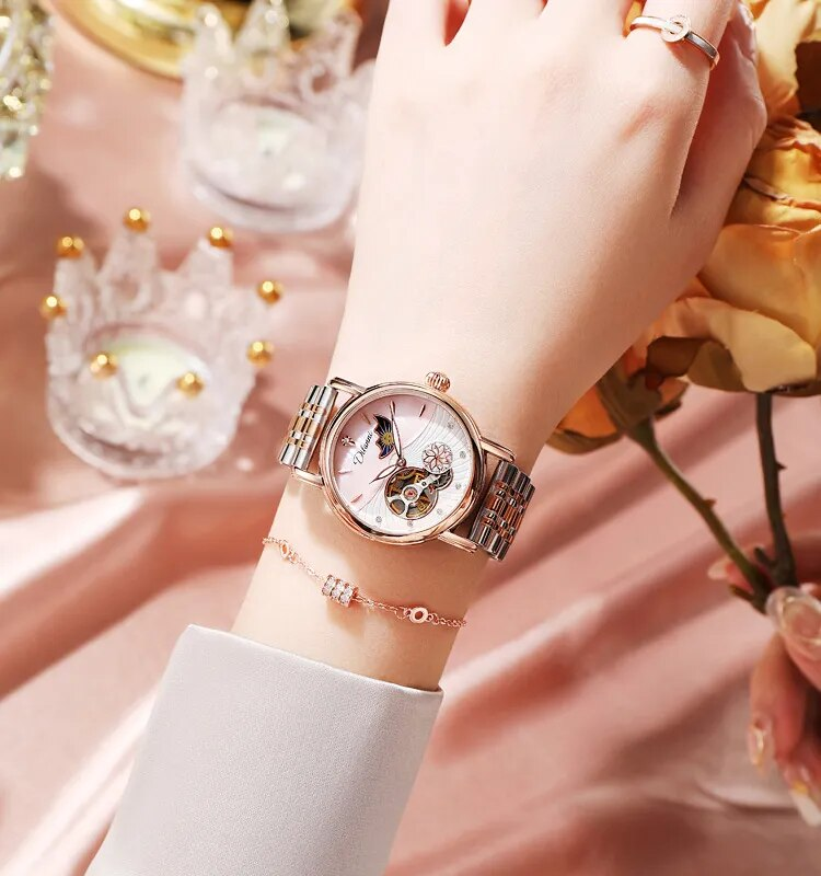 Drehbare Blumen Weibliche Uhr Frauen Top Marke Luxus Mode Mond Phase Wasserdicht Dame Automatische Mechanische Uhren Reloj_voghion.com