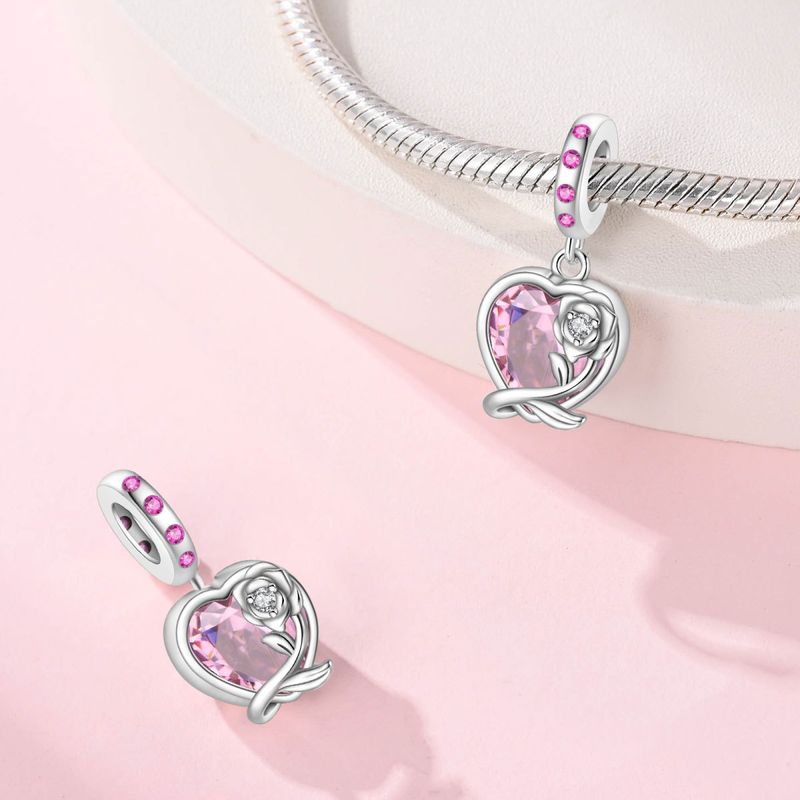 Joyería para mujer, estilo familiar, colgante de rosa rosa con forma de hermana, cuentas, accesorios de joyería DIY, pulsera de plata bañada en cobre blanco._voghion.com