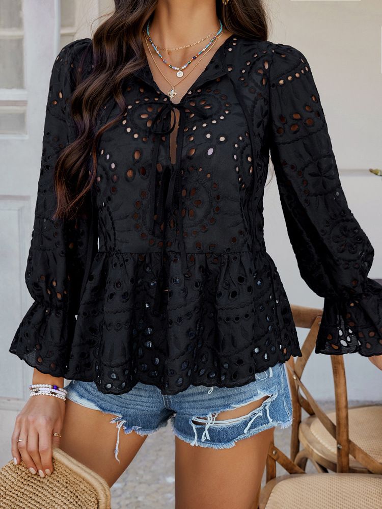 Ropa de mujer Primavera y verano Ocio Vacaciones Suelto Encaje Cárdigan Color Sólido Top Hueco Camisa de Mujer_voghion.com