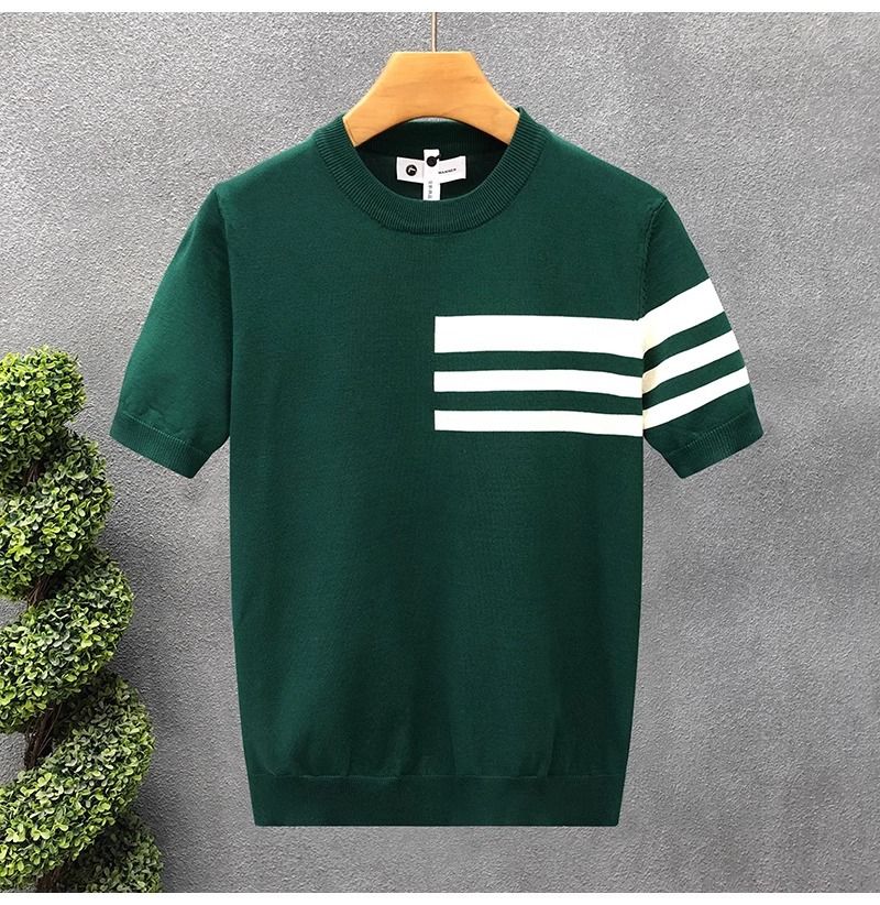 Maglione estivo a maniche corte da uomo, a righe, semplice, leggero, maturo, slim, in seta ghiacciata, nuovo di zecca_voghion.com