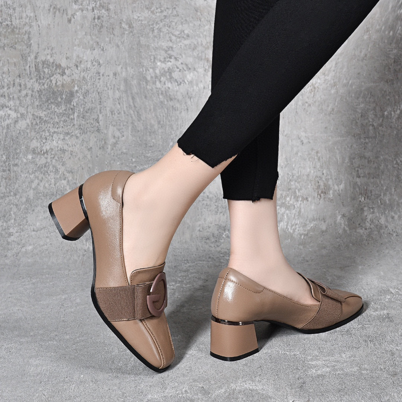 Zapatos de tacón alto, suela gruesa, punta cuadrada, hebilla, capa superior de piel de vaca, primavera 2025_voghion.com