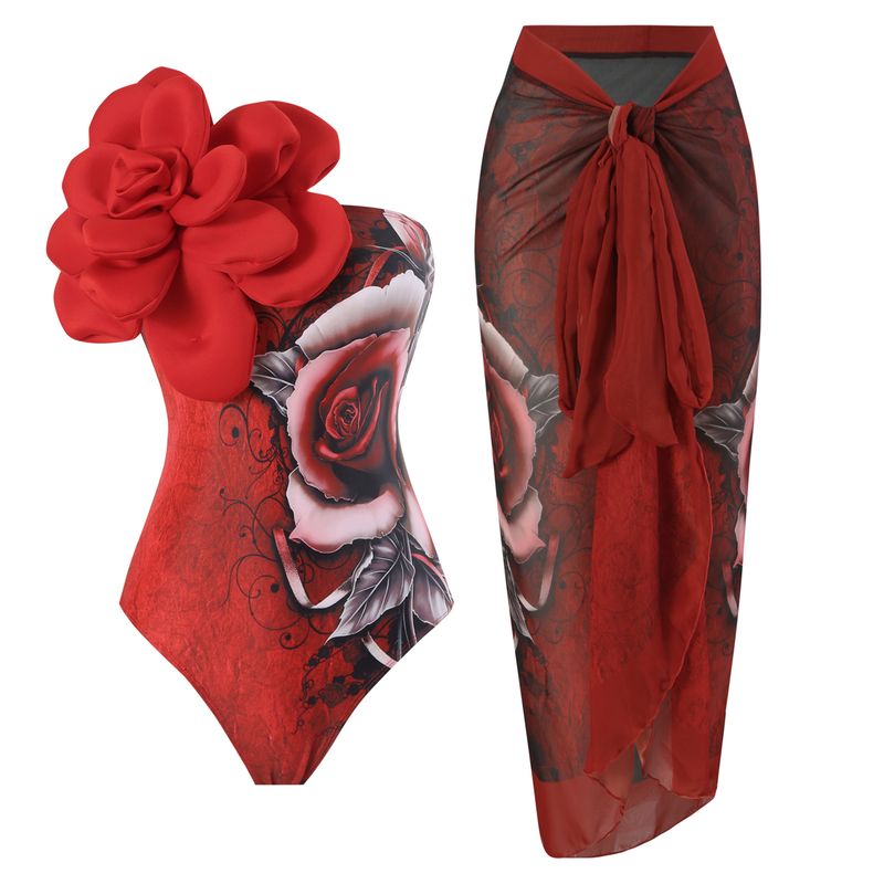 Ropa de mujer Nuevo traje de baño de una pieza para mujer, traje de baño de falda de gasa ajustado con flores grandes adelgazantes_voghion.com