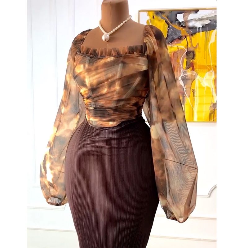 Abbigliamento donna primavera nuovo stile elegante colletto quadrato camicia manica a lanterna gonna a vita alta vestito due pezzi_voghion.com