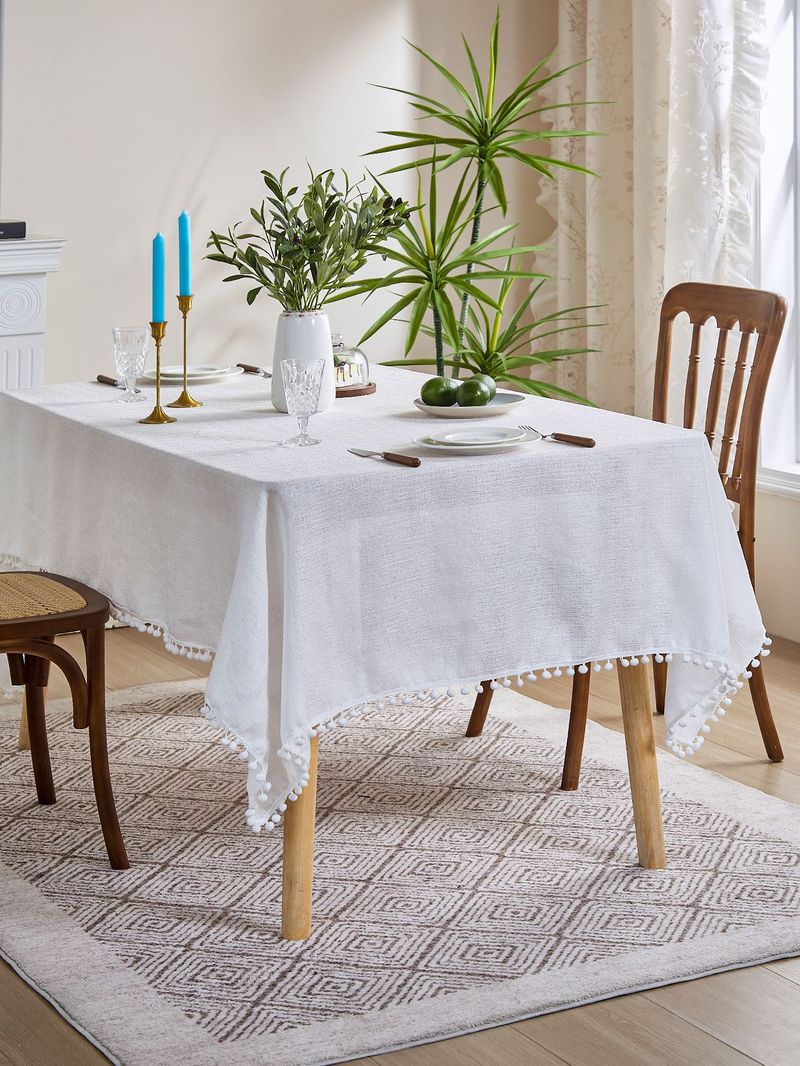 Tovaglia con nappe bohémien – Copritavolo rettangolare in poliestere effetto lino, antipolvere e antiscivolo, bianco e grigio, stile nordico_voghion.com