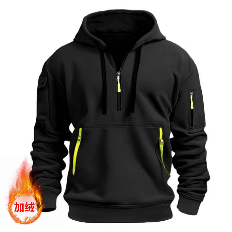 2024 Autumn Winter Men's Casual Multi-Zipper Arm Pocket Sweatshirt Pullover Large Size Fleece Hoodie For Men_voghion.com