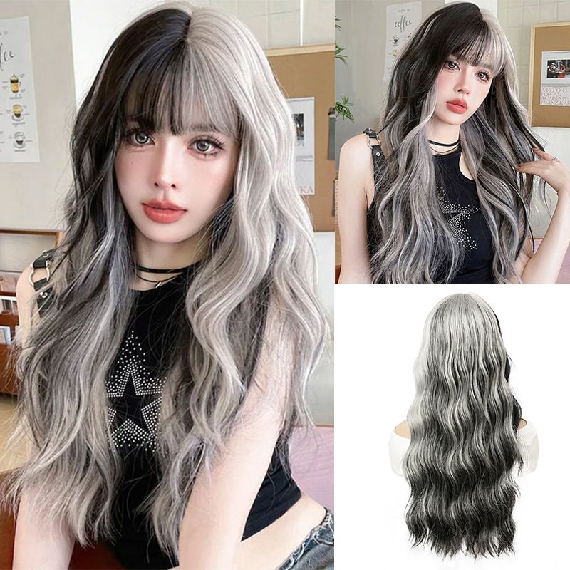 parrucca con frangia ordinata, cuciture grigie in bianco e nero, fibra chimica femminile, copricapo completo, capelli lunghi e ricci_voghion.com