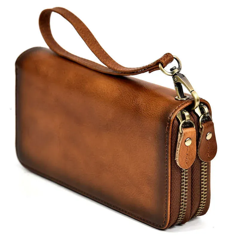 Genuine Leather Business Long Wallet Top Layer Cowhide Double Zipper Clutch Men's Bag_voghion.com