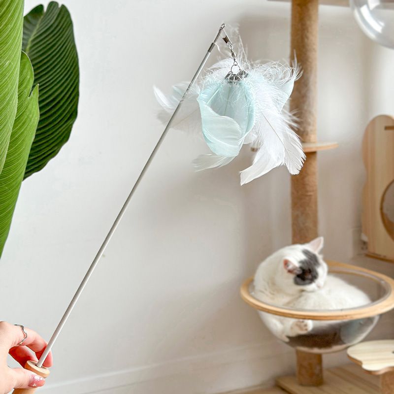 Flower blooming four seasons feather head cat teaser competition grade telescopic rod wooden handle bell feather replacement head cat toy_voghion.com