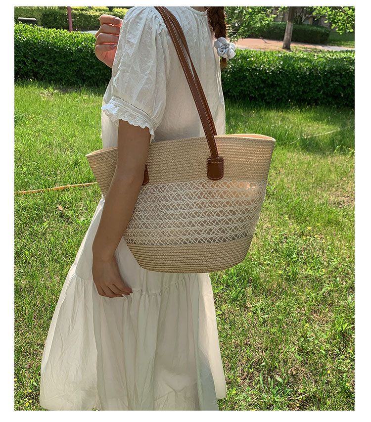 Borsa a mano estiva da donna, borsa da spiaggia, grande capacità, borsa a secchiello in paglia di rattan intrecciata, alla moda_voghion.com