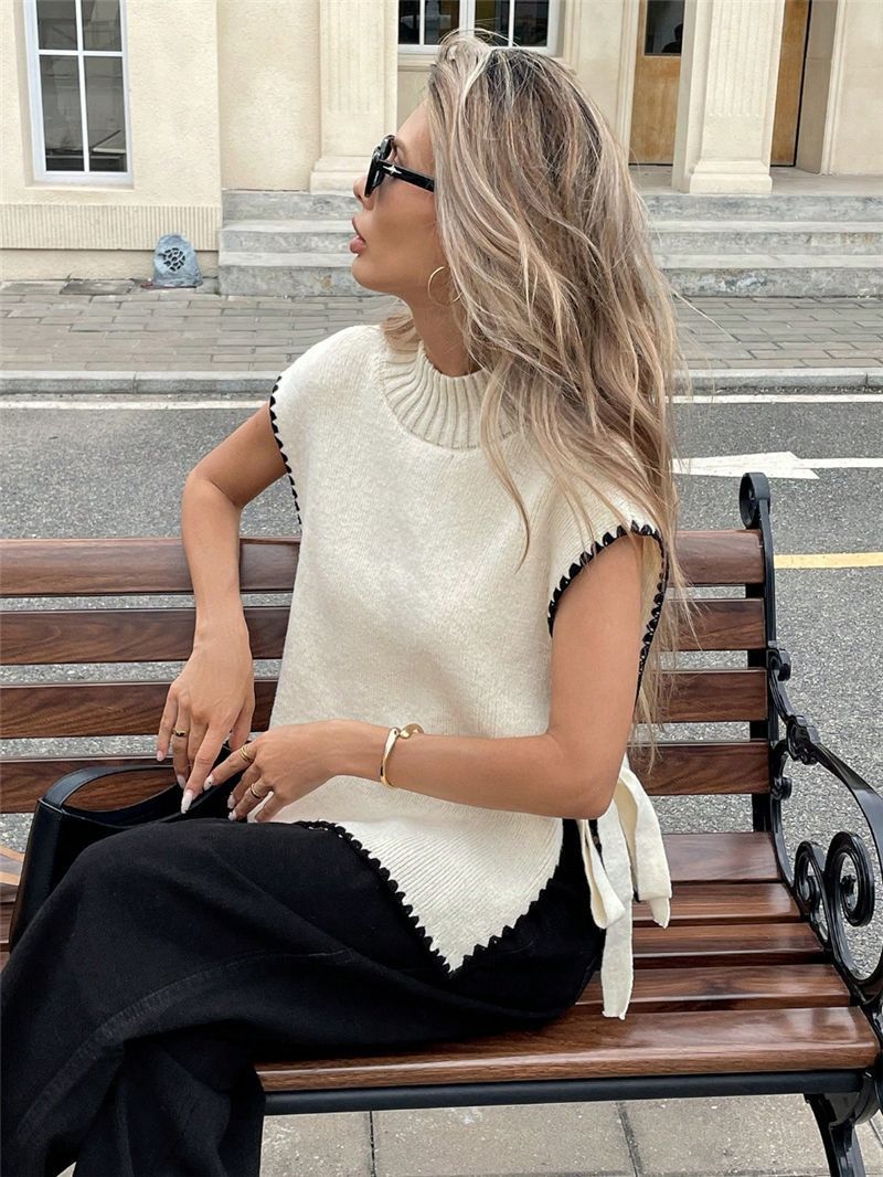 Dameskleding Dames Mouwloos Trui Vest Eenvoudig Ontwerp Contrasterende Kleur Strik Top_voghion.com