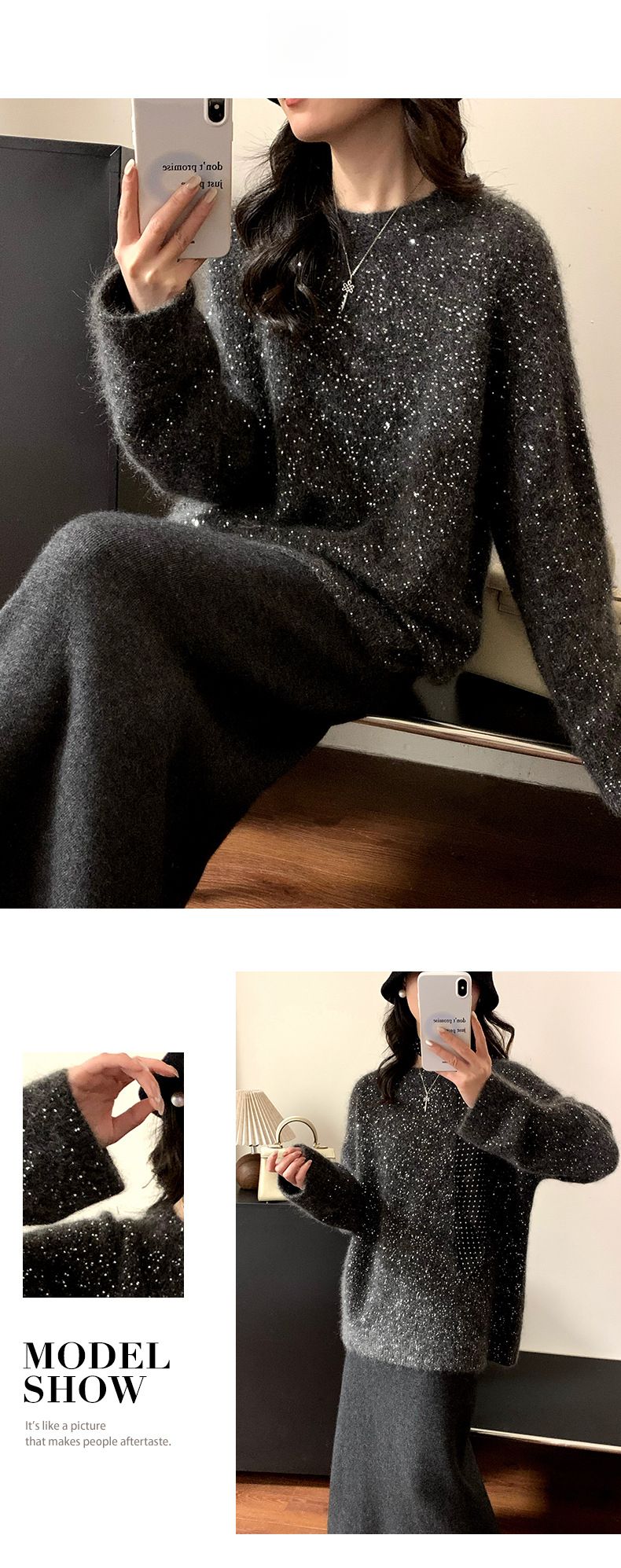 Maglione in mohair con scollo rotondo e paillettes stellate per donna, maglia larga, camicia autunnale da donna_voghion.com