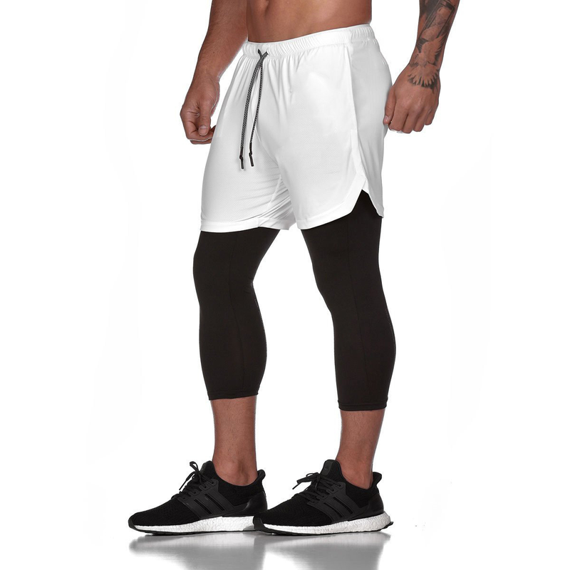 Muscle Fitness Brother Men's Summer Sports Running Fake Two Pieces Double Layer Mesh 7/4 Speed Drying Shorts Light Plate_voghion.com