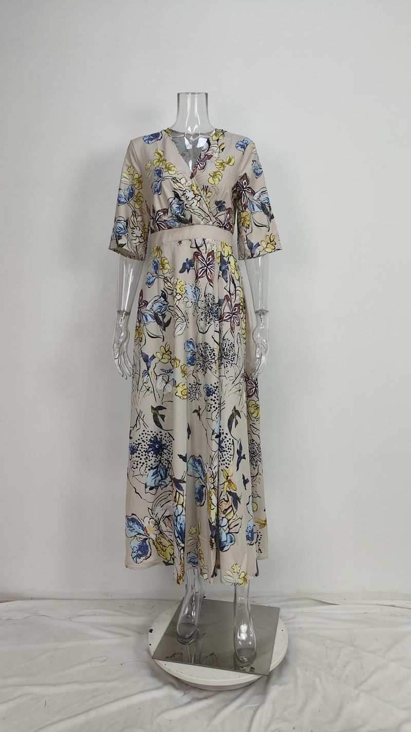 Abito a maniche lunghe con scollo a V stampato, vestibilità attillata, elegante e attillato, da donna, primavera 2025_voghion.com