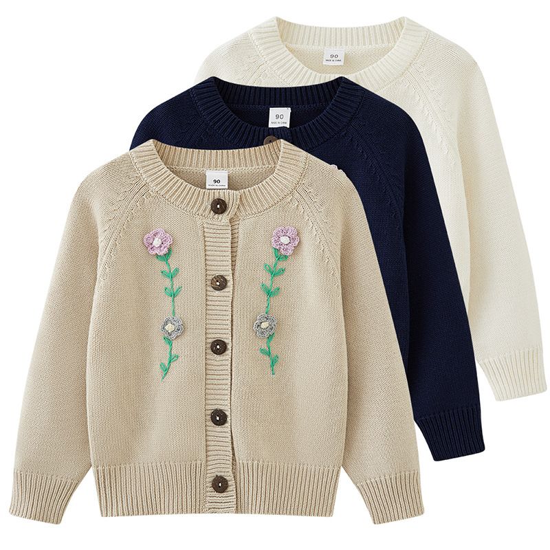 Handbestickte Strickjacke für Mütter und Kinder, für Kleinkinder und kleine Mädchen, weicher Baumwollpullover mit offener Vorderseite und Blumenmuster (90–140 cm, Weiß/Marineblau/Rot)_voghion.com