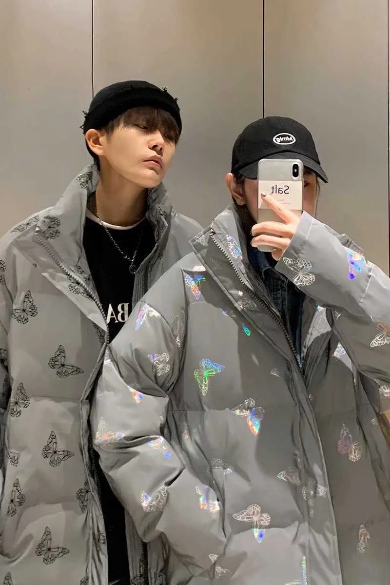 Veste parka rembourrée réfléchissante pour homme et femme, manteau d'hiver épais, coupe-vent, ample et chaud, avec papillon brillant_voghion.com