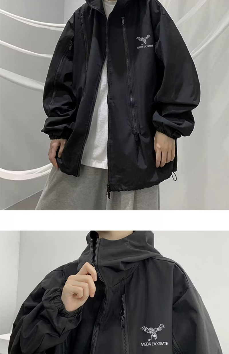 Männerkleeder Schwaarz Kapuzenjackete fir Männer waasserdicht Hipster Hiphop locker Jongen Trendjackete_voghion.com