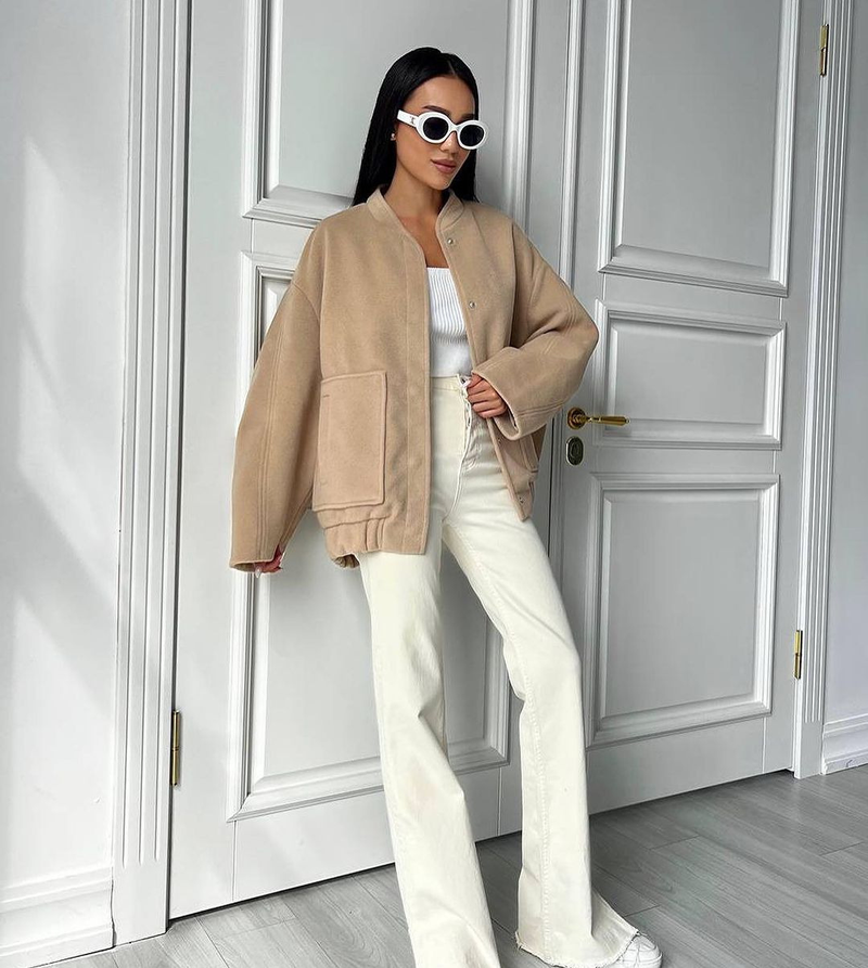 Women's style stand-up collar large pocket solid color women's jacket_voghion.com