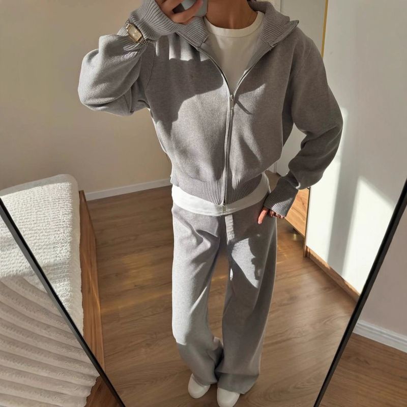 Herbst-Neues Damen-Pendler-Sweatshirt mit langen Ärmeln, zweiteiliges Set mit Doppelreißverschluss, Strickjacke, Freizeitjacke, Hose, Trainingsanzug_voghion.com