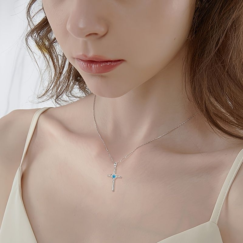 Collana con ciondolo a forma di croce a forma di cuore, in zircone, da donna, in acciaio inossidabile, con catena a scatola, in argento Sterling_voghion.com
