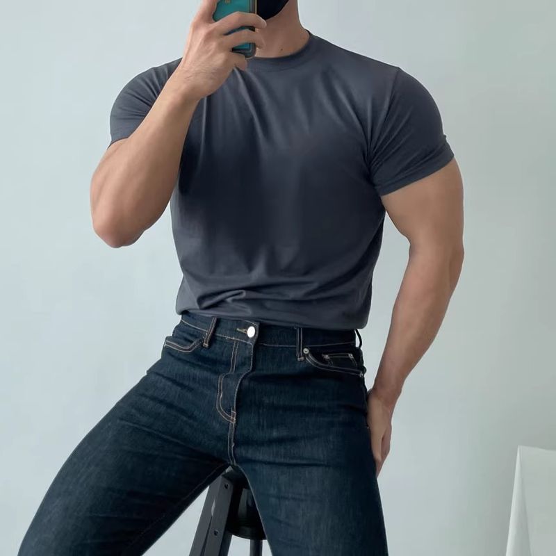Herrenbekleidung Sommer-T-Shirt mit kleinem Ausschnitt Slim Fit Kurzarm Muskelanzug_voghion.com