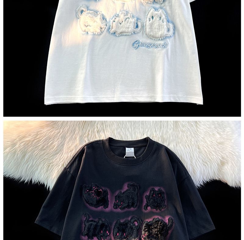 Dammekleeder léift geflockt Hues Kuerzärm T-Shirt fir Fraen, reng Kotteng, lockert Design, Nische Vintage Schëllertop_voghion.com