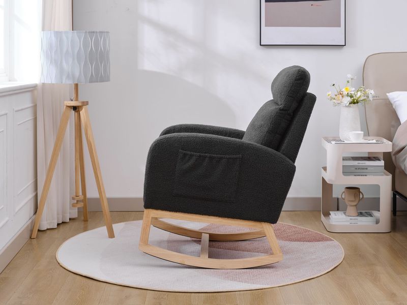 Modern Accent Rocking Chair Rocking Chair With Solid Wood Legs, Upholstered Nursery Glider Rocker, Comfy Armchair With Side Pocket, Living Room Lounge Arm Chair With High Backrest (Dark Grey,teddy)_voghion.com
