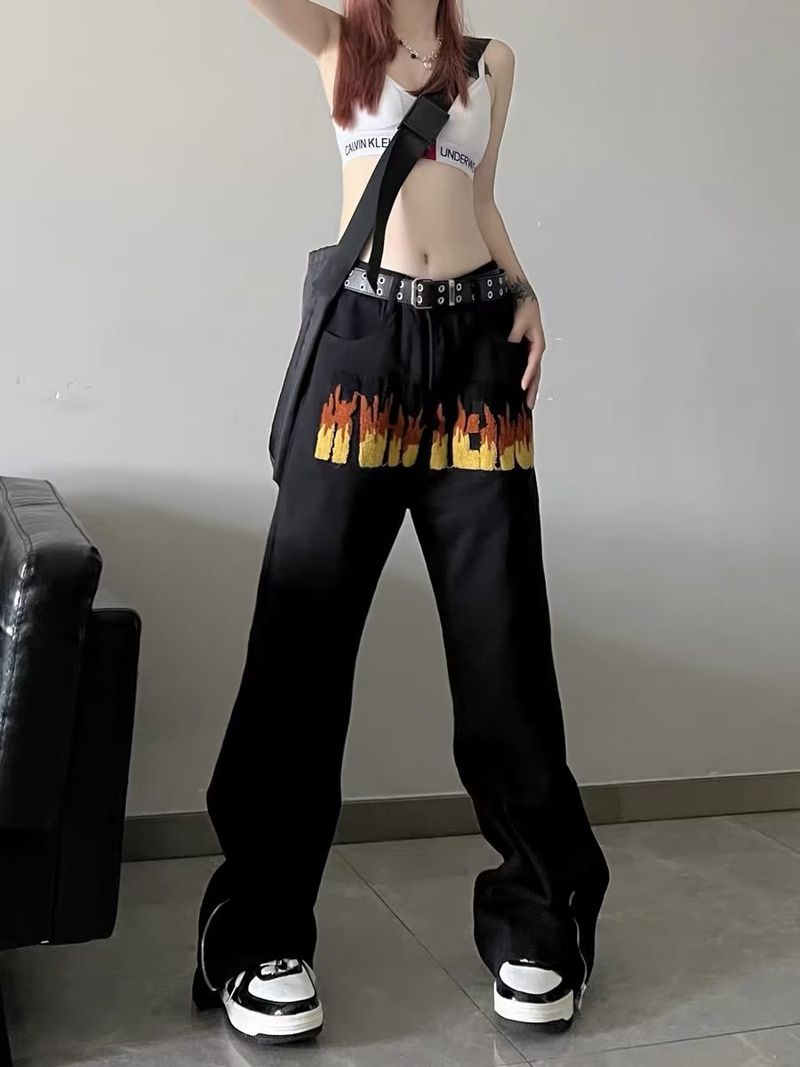 Asciugamani alla moda ricamati con cerniera larga pantaloni lunghi a gamba dritta jeans hip-hop americani da strada_voghion.com