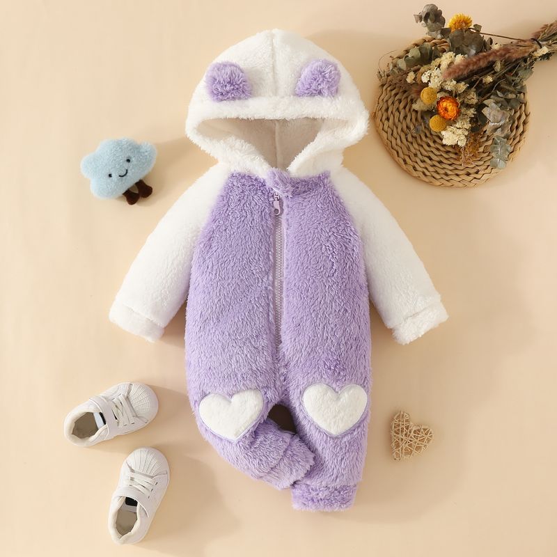 Fur Hooded Long Sleeved Long Legged Romper Baby Color Matching Plush Zipper Love Romper_voghion.com