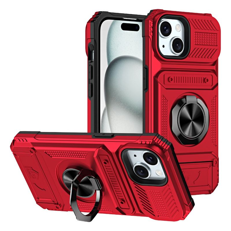 För iPhone 15 14 Plus 13 Pro Max Plånboksfodral med Ring Stativ Korthållare Hårdplast + Mjuk TPU_voghion.com