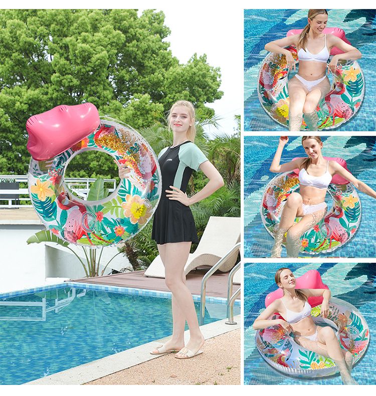 Anello galleggiante a forma di fenicottero con paillettes e PVC ispessito, ecologico, per il divertimento all'aperto in acqua, con portabicchieri e schienale per il nuoto di adulti._voghion.com