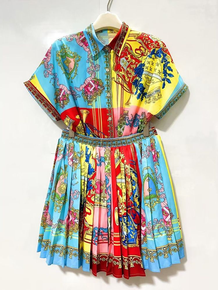 Ensemble deux pièces pour femme, chemise à manches courtes et jupe courte ample à imprimé géométrique rétro_voghion.com