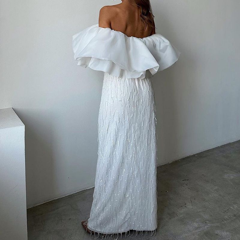 Elegant Off-Shoulder Ruffle Blouse & Sequin Maxi Skirt Set – Flowy Flounce Sleeves & Glamorous Fringe (S-Xl)_voghion.com