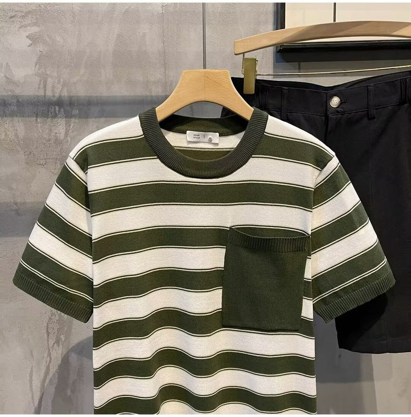 Herrenbekleidung Rundhals-Streifenpullover Herren Kurzarm-T-Shirt Tops Herren 2024 Sommer neues Design lässig vielseitig_voghion.com