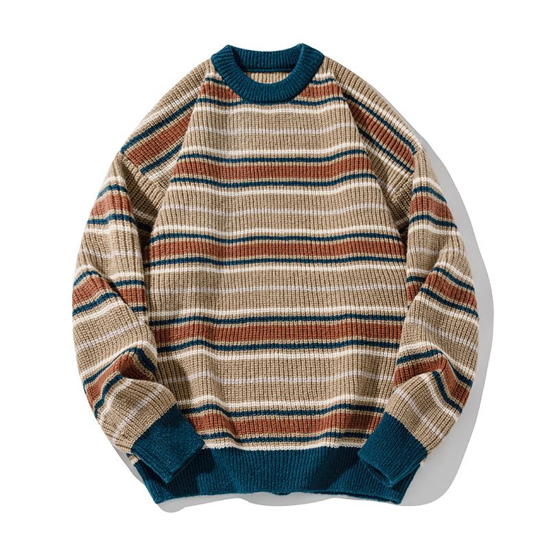 Retro Contrasting Striped Crew Neck Sweater Men's Autumn And Winter Thick Needle Loose Lazy Wind Soft Waxy Pullover Knitted Sweater Jacket_voghion.com