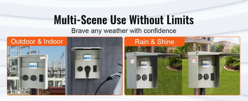 VEVOR Temporary Power Outlet Panel, 125/250 Volt, RV Power Outlet Box with a 20/30/50 Amp Receptacle Installed, NEMA 14-50R / NEMA TT-30R / 15A GFCI f_voghion.com