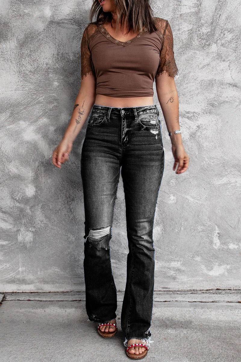 Jeans aderenti a vita alta, elastici, retrò, aderenti, da donna, con fondo a campana, strappati_voghion.com