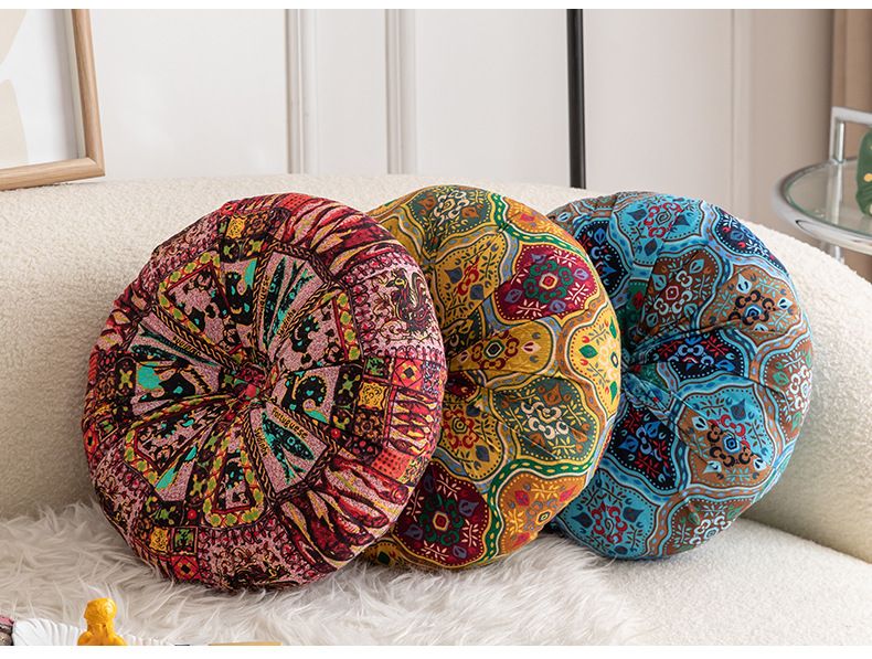 Cuscino da pavimento a forma di zucca fatto a mano in stile bohémien – Pouf rotondo spesso in cotone e lino per divano, camera da letto e meditazione (diametro 35 cm, giallo/blu/rosso)_voghion.com