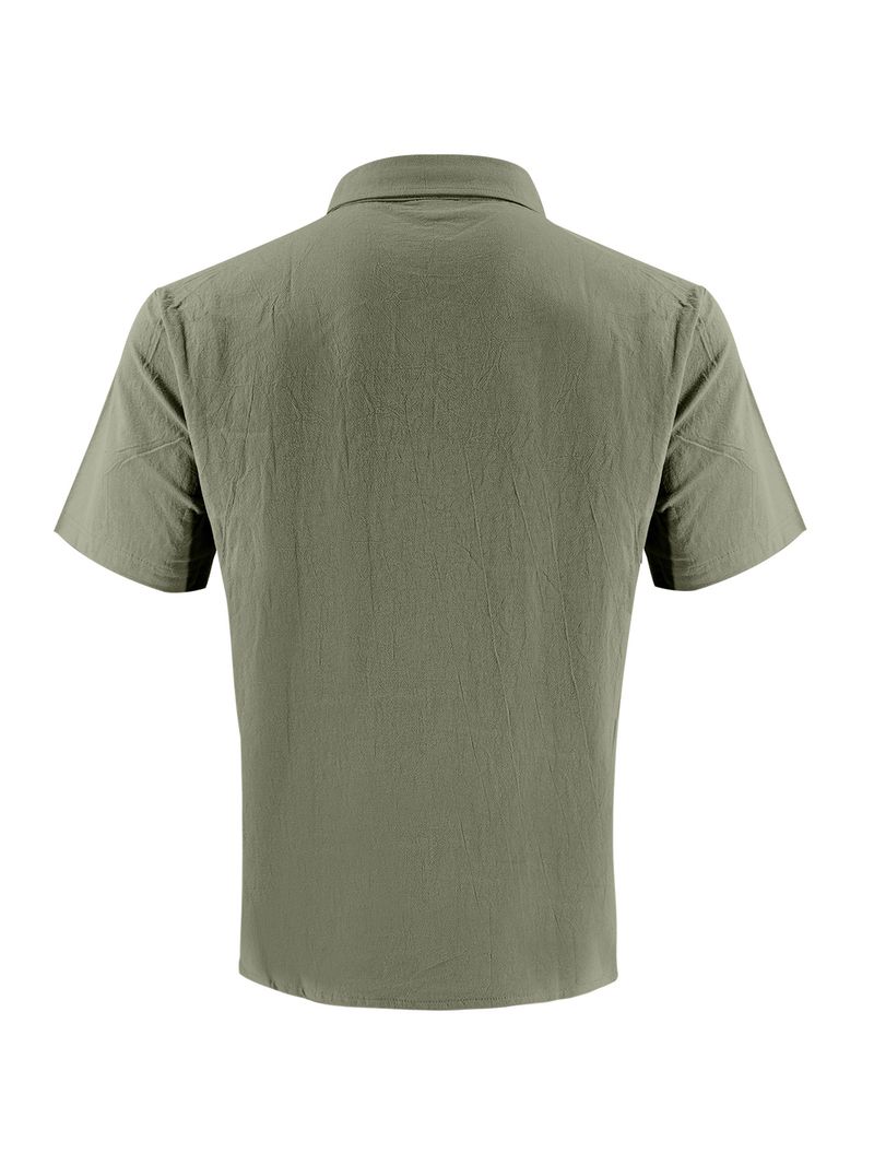 Camicia da uomo in lino a maniche corte, casual, traspirante, con bottoni, per le vacanze estive in spiaggia, con tasche_voghion.com