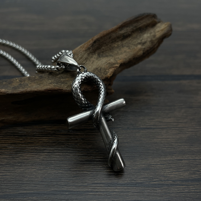 Manba Snake Cross Pendant Trendy Men's Personalized Titanium Steel Necklace_voghion.com