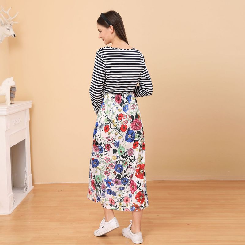 Abito premaman allattamento a maniche lunghe con scollo tondo stampato a righe_voghion.com