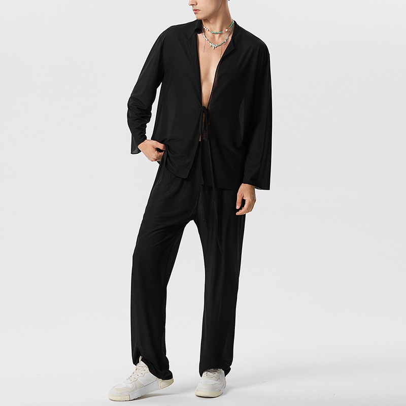Men's Thin Solid Color Sexy Deep V-Lace Long sleeved Cardigan Shirt Perspective Pants Fashion Set_voghion.com