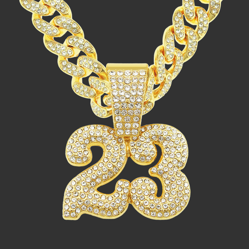 Collana con ciondolo a forma di numero 23, con cristalli Swarovski, da uomo e da donna, con catena cubana da 13 mm, stile hip hop, moda e rock._voghion.com