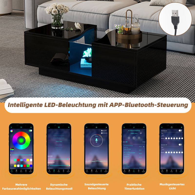 Table basse moderne à LED avec 2 tiroirs, 100 x 50 x 35 cm, plateau en acrylique noir brillant avec éclairage LED, table d'appoint en MDF pour salon et chambre._voghion.com