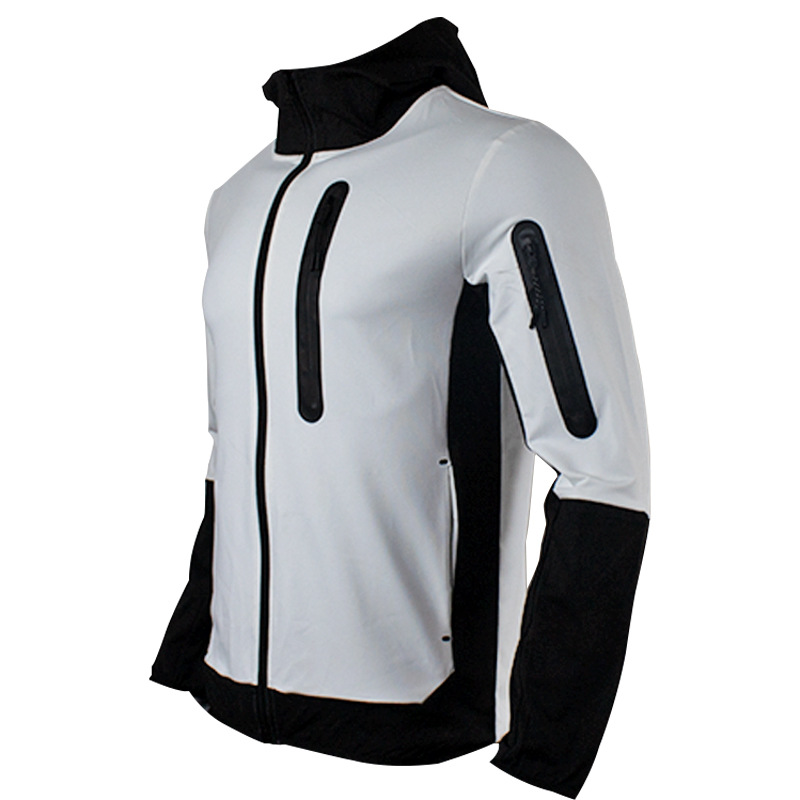 Ein Satz trendiger, lässiger Sport-Herrenanzüge mit Kapuze und farblich passenden Patchwork-Kapuzenpullovern, Jacken und Hosen_voghion.com