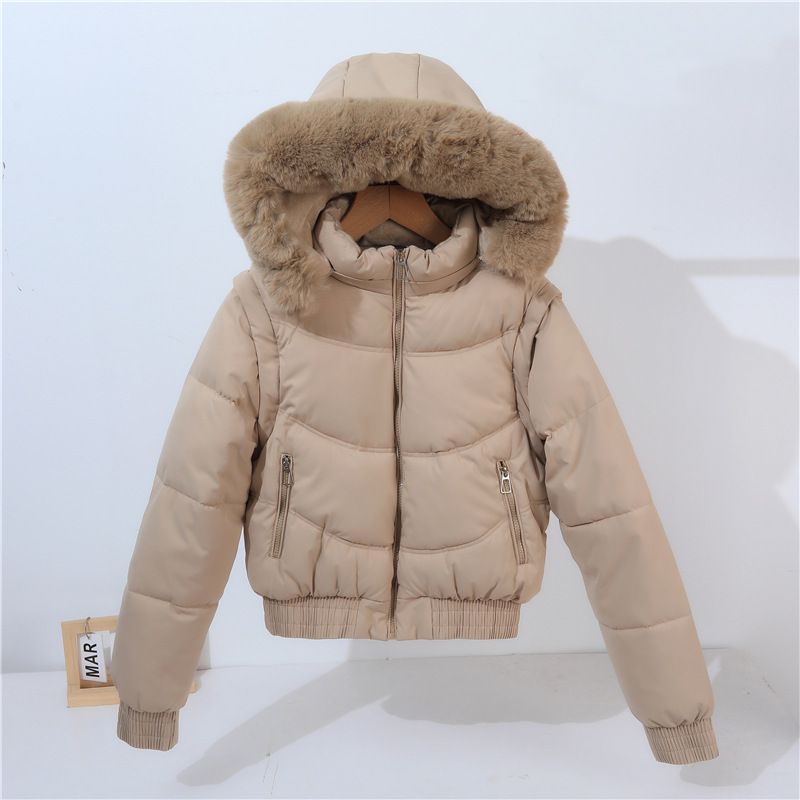 Doudoune courte convertible à manches amovibles et capuche en fausse fourrure pour femme - Manteau d'hiver taille haute doublé polaire épaisse_voghion.com