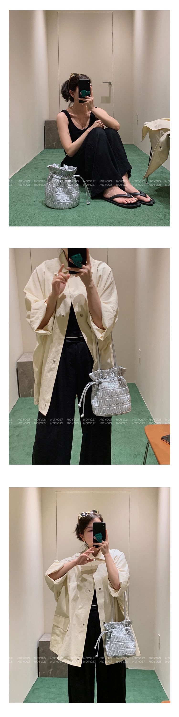 Bag Korean bucket niche design bag, fashionable pleated soft leather drawstring, one shoulder, gentle silver underarm_voghion.com