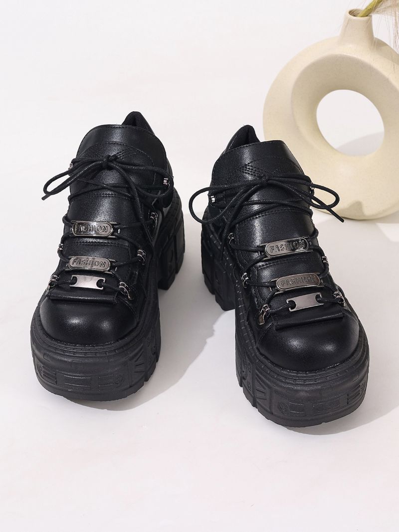 Scarpe stringate alte con plateau spesso da donna - Stivali alla moda in pelle PU con punta tonda, dettagli in metallo e suola in gomma spessa_voghion.com